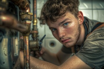 Poster - A person is using a pair of scissors to fix a leaky pipe, providing a useful tool for repair and maintenance situations