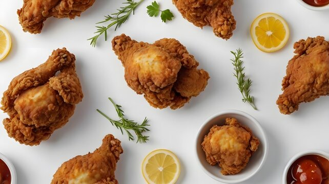 Fried chicken on a white background. Lemon.