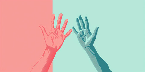 Two open hands reach towards each other, separated by a pink and blue background International Left Handers Awareness Day