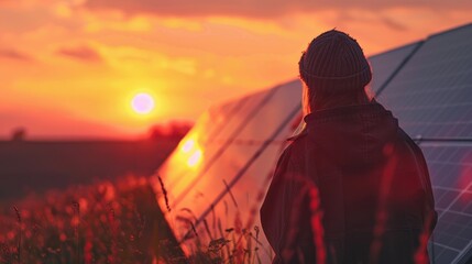 Poster - A person standing beside solar panels during the golden hour of sunset, with a bright orange and yellow sky
