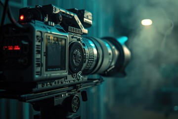 Wall Mural - A close-up view of a video camera placed on a tripod for stable filming