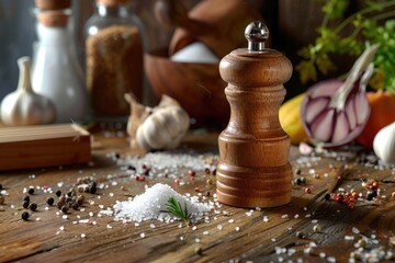 Poster - A pepper mill on a wooden table surrounded by various spices