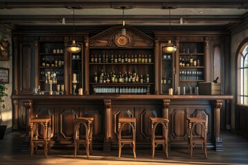 Poster - A wooden bar filled with various bottles