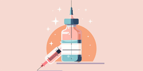 A simple, flat-style illustration featuring a syringe and a vial on a pink background National Immunization Awareness Month