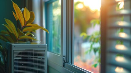 Poster - An air conditioner sitting in front of a window, possibly in a modern home or office