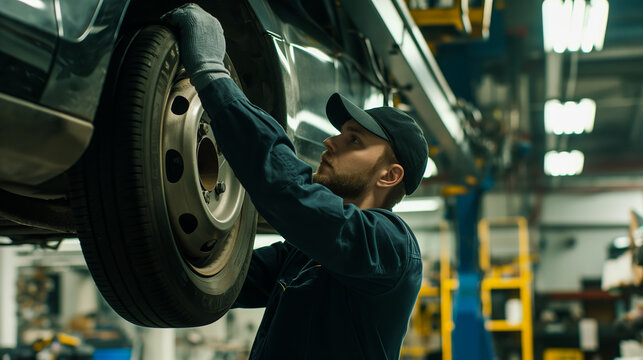 An experienced technician replacing brake pads on a raised sedan at an automotive workshop.