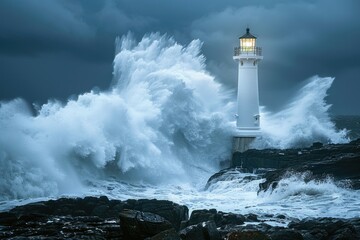 Poster - A lone lighthouse stands tall amidst a massive wave, providing guidance and stability