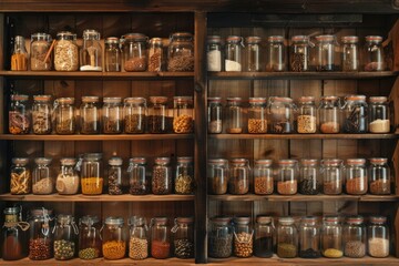 Poster - Shelf filled with various sized glass jars containing unknown contents, potential for use in food or cosmetic photography