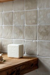 Poster - A simple white block sitting on top of a wooden counter