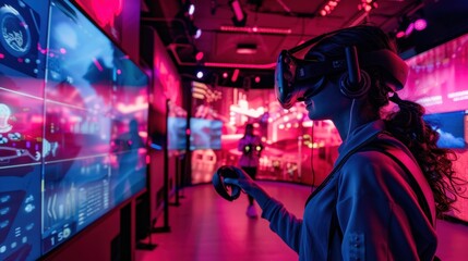 A woman wearing a VR headset interacts with a digital environment, surrounded by screens displaying colorful abstract designs.