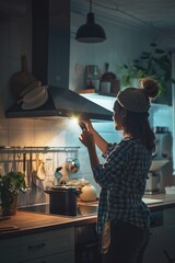 A woman stands in a kitchen holding a light, possibly for cooking or reading