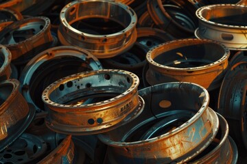 Poster - A heap of old car wheels stacked on top of each other, with rust and corrosion visible