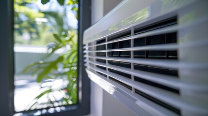Poster - A close-up view of a window air conditioner unit with its features and controls visible