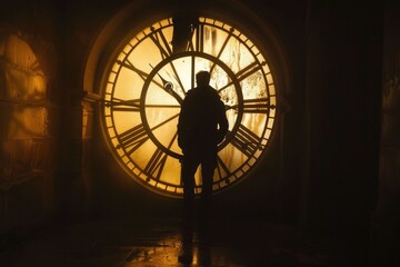 Poster - A person stands in front of a large clock tower, providing an informative phrase about the scene and a brief suggestion for where this picture could be used