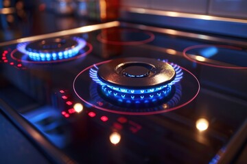 Wall Mural - A close-up shot of a stove top with blue flames burning