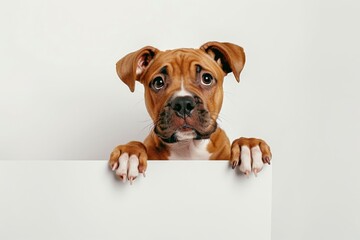 A Curious Puppy Peeking Over a White Wall With Big, Expressive Eyes