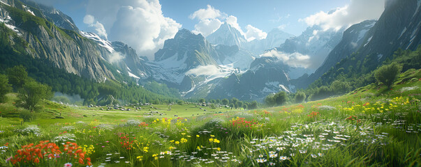 Wall Mural - A tranquil mountain valley, with lush meadows and wildflowers stretching between towering peaks.