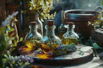 Aufkleber - A wooden table with various oil-filled bottles, perfect for use in still life photography, product displays or as a background image