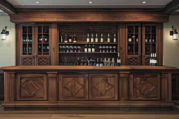 Poster - A wooden bar with numerous bottles stacked on top, great for commercial use in bars, restaurants or liquor stores