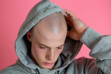 Poster - A person wearing a hooded sweatshirt and a bald head, possibly for anonymity or to make a fashion statement