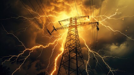 Poster - A power line with lightning in the background