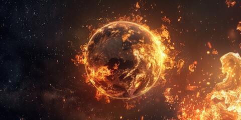 Poster - A close-up shot of a fireball with a planet visible in the background