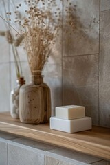 Poster - A simple soap dish sits on top of a wooden shelf, perfect for adding a touch of rustic charm to any room