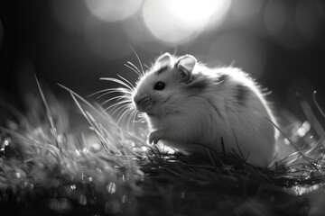 Poster - A small hamster is sitting in the grass, possibly enjoying the outdoor environment