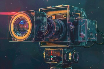 Poster - A digital painting of a camera mounted on a tripod, ready for use