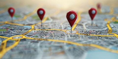 Fototapete - A close-up view of a map featuring various pins and markers