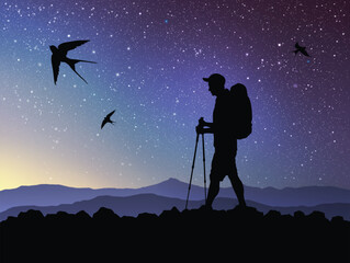 Sticker - Man walks at mountain. Hiking with trekking poles. Birds in starry sky