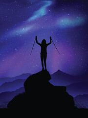 Poster - Mountain climb. Woman with trekking poles on top of rock. Polar Lights
