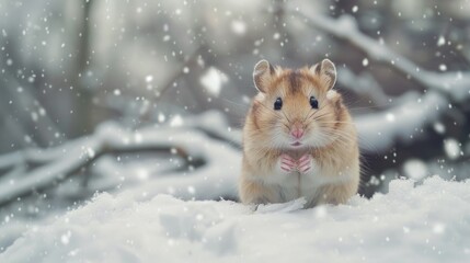 Aufkleber - A small hamster perched atop a pile of snow, a winter wonderland scene