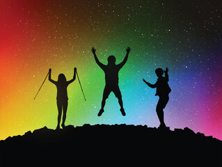 Sticker - Jumping people on mountain top. Weekend climbing. Polar lights in sky
