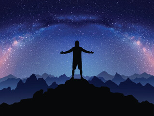 Sticker - Night climbing. Man with outstretched arms on top of rocky mountain
