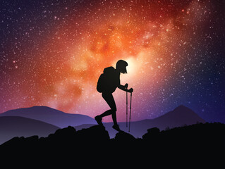 Poster - Hiking with trekking poles. Woman walk at mountain range. Starry night