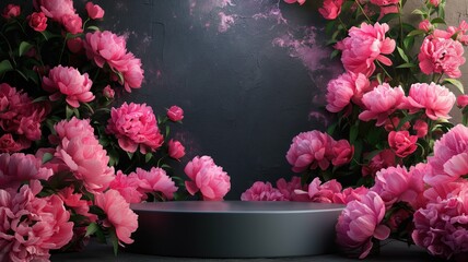 Wall Mural - An empty podium for advertising the product, against a background of pink peonies.