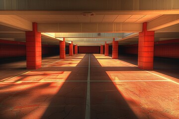 Poster - An empty parking garage with red brick walls and no cars inside, suitable for use in architecture or urban planning projects