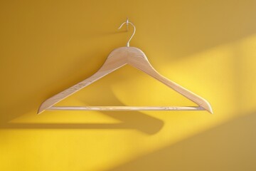 Poster - A wooden hanger hangs on a bright yellow wall, waiting for use