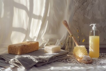 Wall Mural - A collection of personal care items including a towel, soap, brush, and sponge arranged on a table