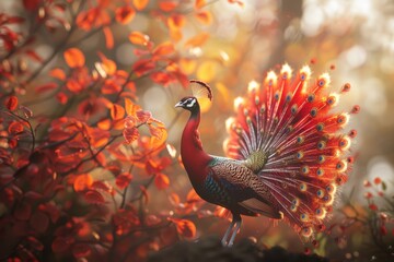 Poster - A colorful bird sitting at the top of a tree branch, with leaves and branches surrounding it