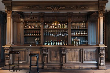 Poster - A wooden bar with various types of bottles stored on shelves