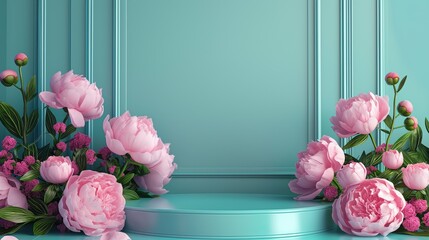 Wall Mural - An empty stage for the demonstration of goods, on blue and pink peonies, spring flowers, 3D.
