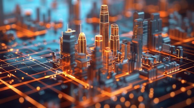 A miniature city model with futuristic buildings and a glowing network of lines, depicting a cyberpunk atmosphere.