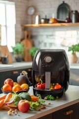 Aufkleber - A black air fryer sits on top of a kitchen counter, ready for use