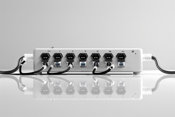 Poster - A close-up view of a power strip on a table, ideal for use in tech-related projects or product showcases