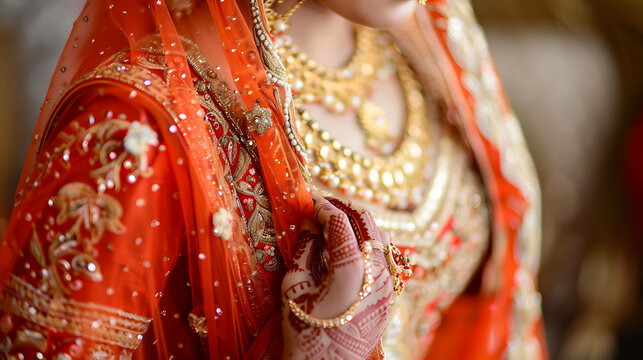 A beautiful Indian bride wearing a red and gold wedding dress. She is wearing a lot of jewelry and has henna on her hands.