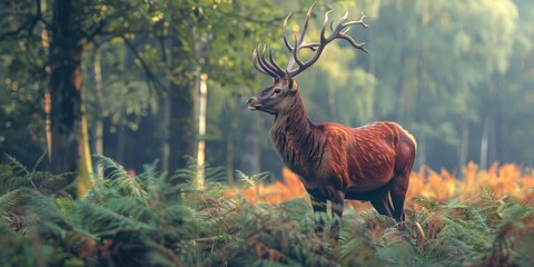 Poster - A solitary deer stands amidst the trees in a serene forest setting