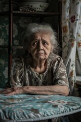 Poster - A senior woman sitting at a table with her hands resting on it, possibly working or browsing online