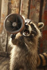 Poster - A raccoon holds a speaker in its mouth, highlighting the unexpected combination of wildlife and technology